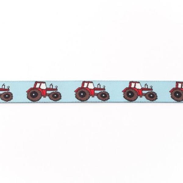 Webband Breite 16 mm Traktoren auf Hellblau